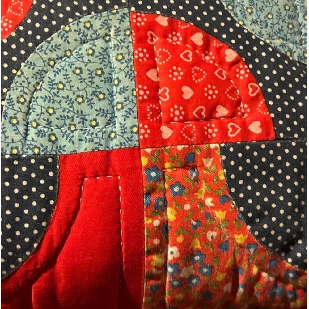 Antique Quilt Pillow 18x18 Mushroom + Polka Dots 2 Sides Blue Red Green Handmade